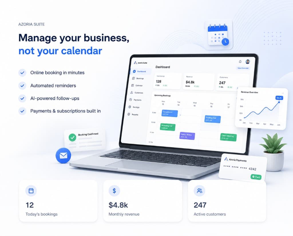 Azoria Suite dashboard preview showing bookings, revenue, and customer management