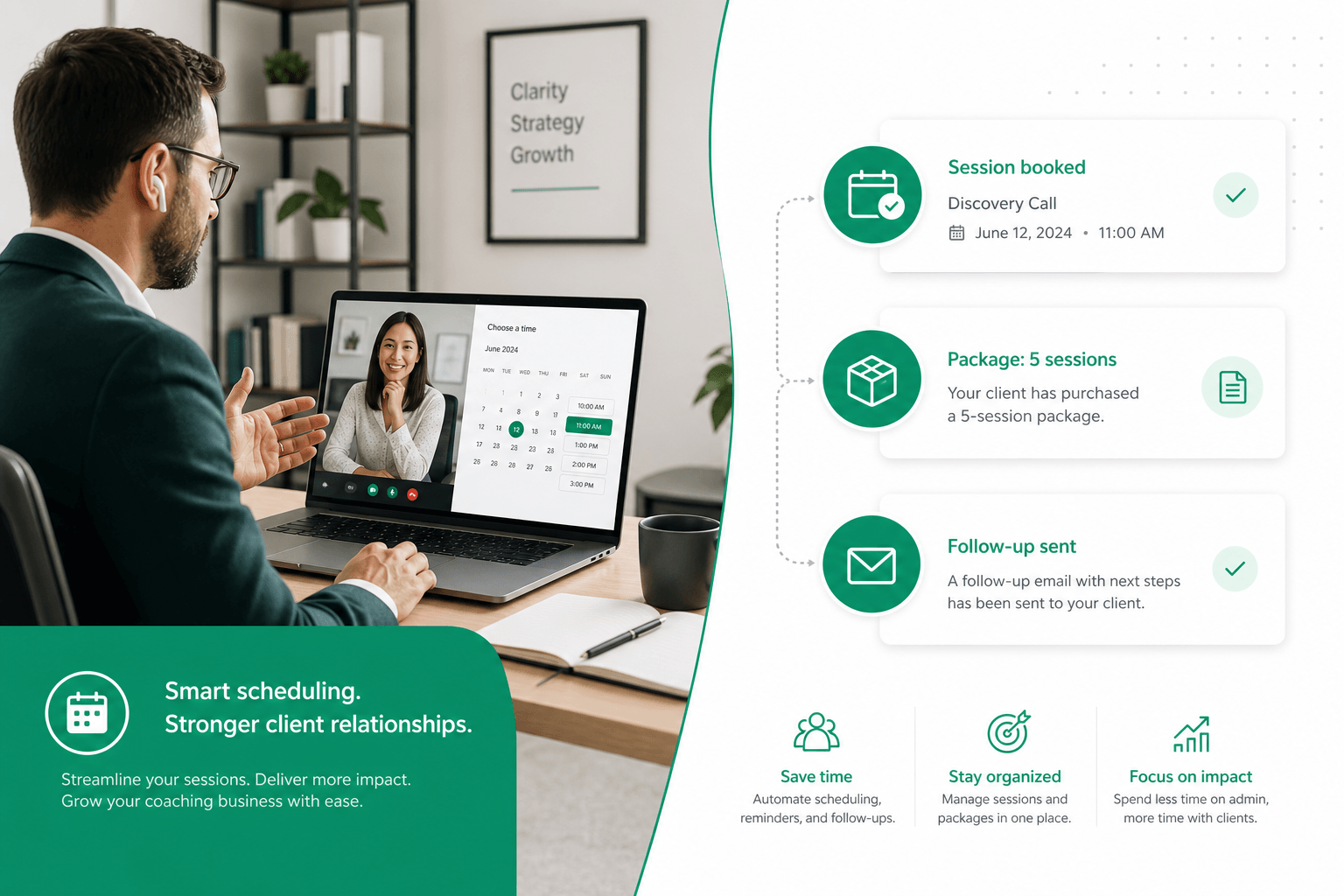 Consultant scheduling sessions and client packages with automated follow-ups