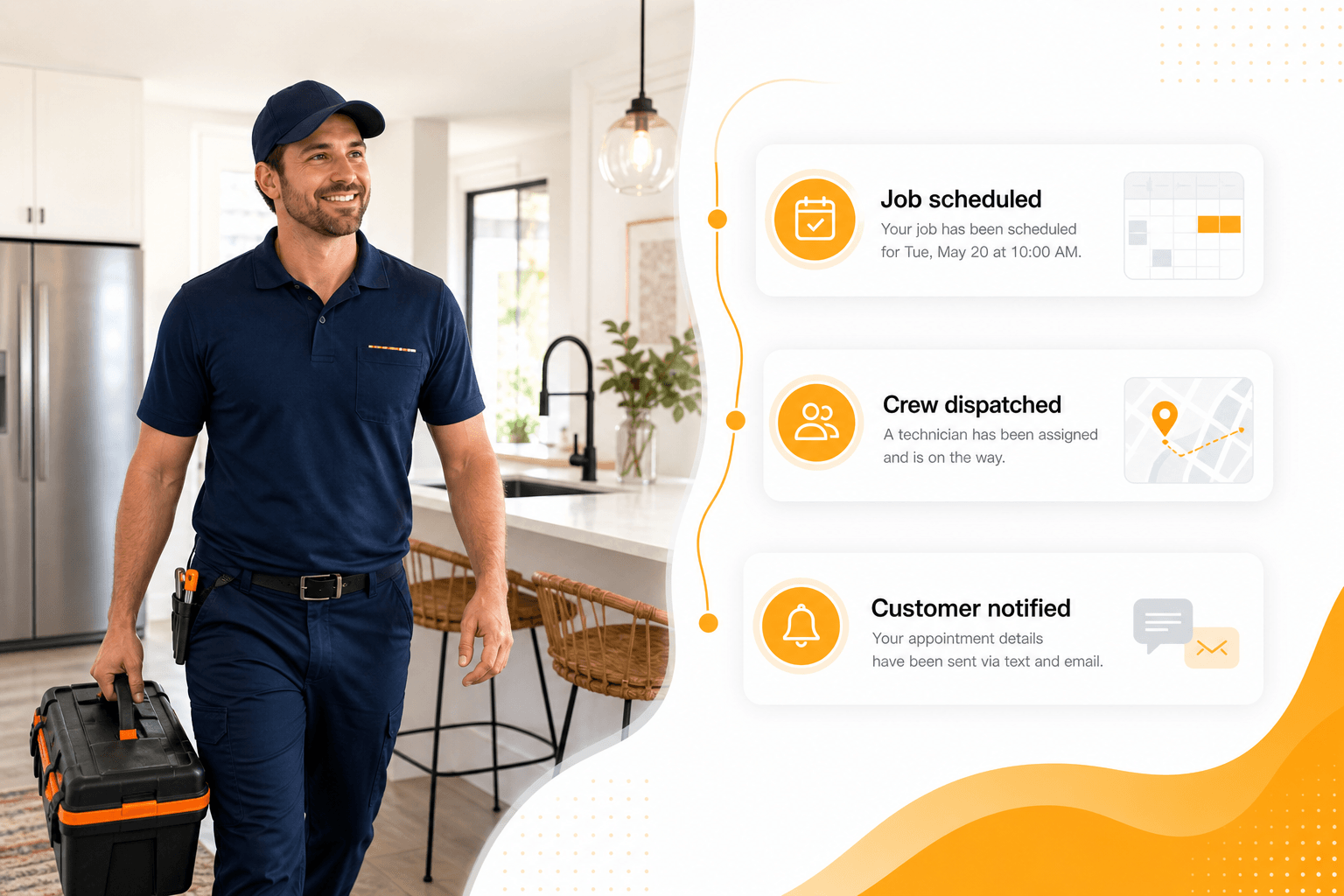 Home service technician with job scheduling, crew dispatch, and customer notifications